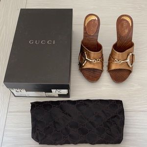 Gucci Gold & Teak Heel Sandals, Size 36